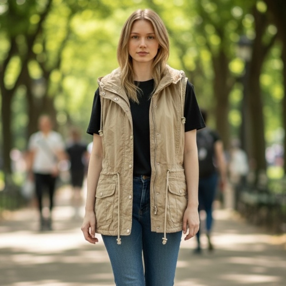 Women's Beige Hooded Vest - Picture 5 of 5